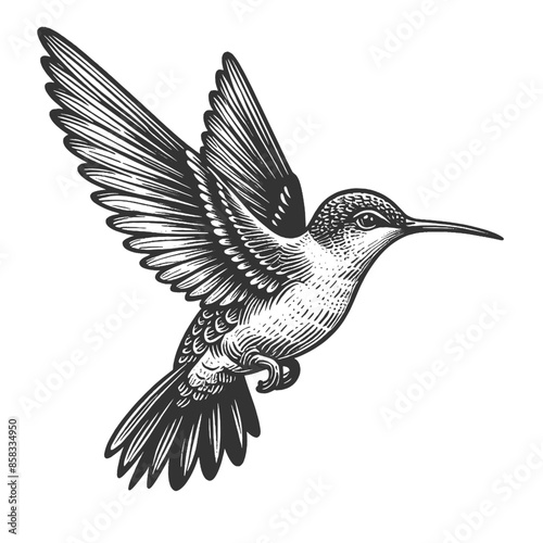 hummingbird in mid-flight, showcasing its intricate feather patterns and graceful movement sketch engraving generative ai vector illustration. Scratch board imitation. Black and white image.