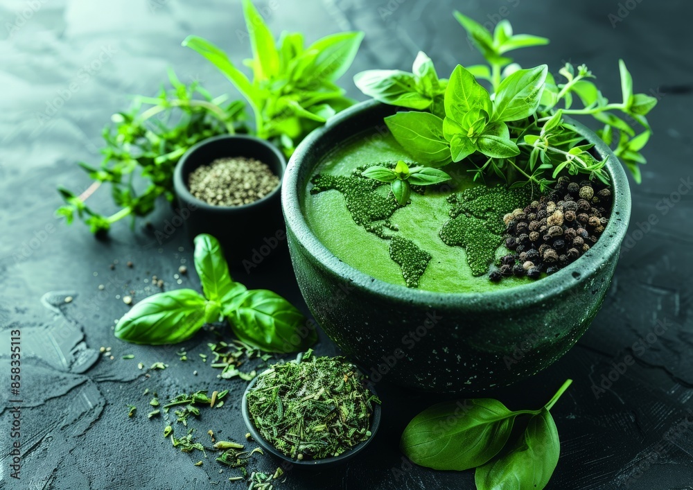Soup with a world map in it made out of varied and colorful herbs and garnishes Soup with a world map in it made out of varied and colorful herbs and garnishes
