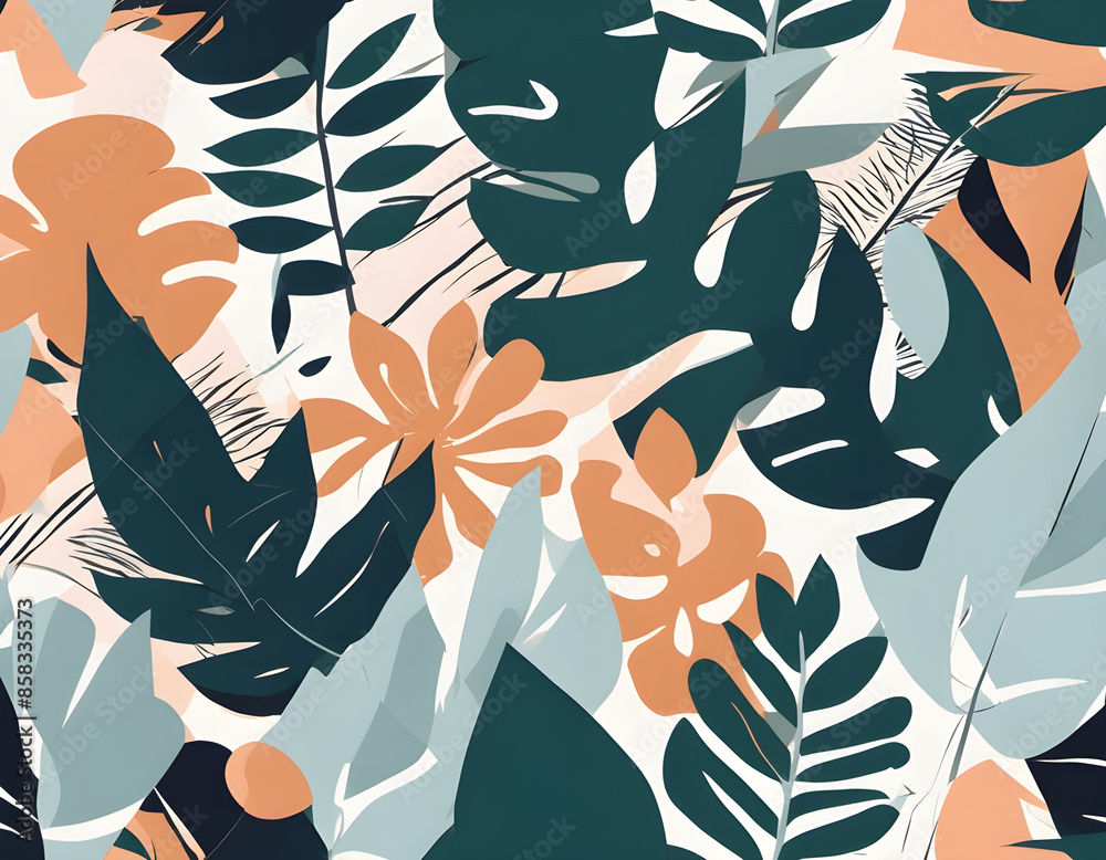 Fototapeta premium Seamless vector floral pattern with tropical leaves and abstract shapes.