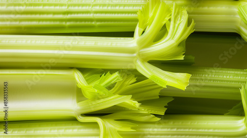 Tightly packed fresh, bright celery sticks in a minimalist composition, filling the frame with their light green color. Emphasizes their freshness and appetizing appearance, suitable as a background. 