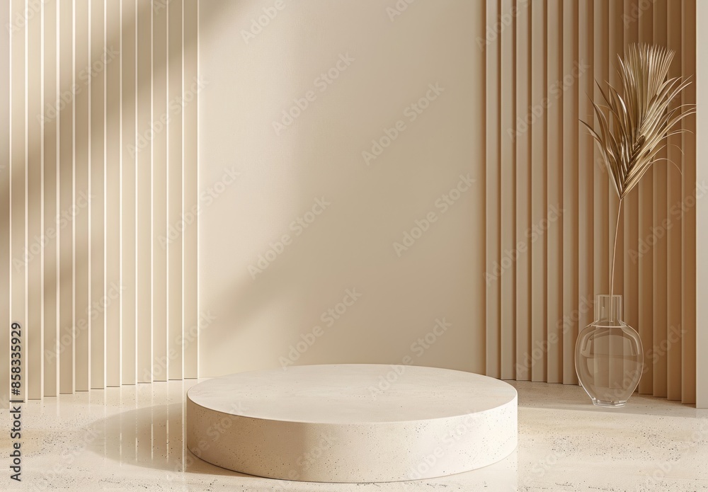Fototapeta premium Minimalist Product Display with Beige Background and Palm Leaf
