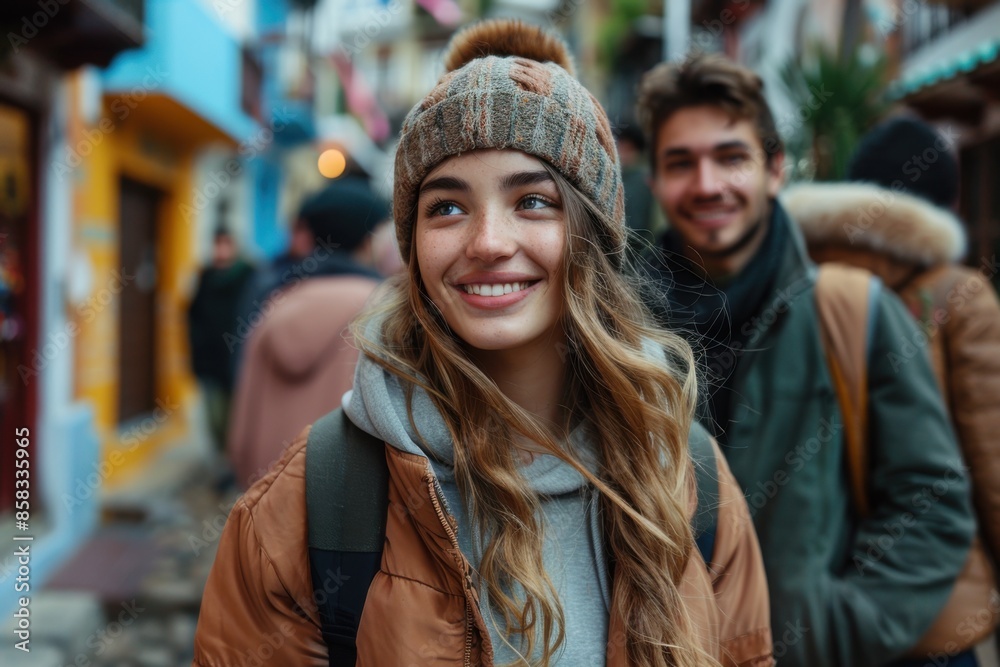 Smiling woman with backpack and man walking down a street Smiling woman with backpack and man walking down a street