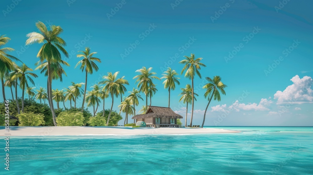 Obraz premium panoramic view of tropical beach with blue sky and white sand, banner design