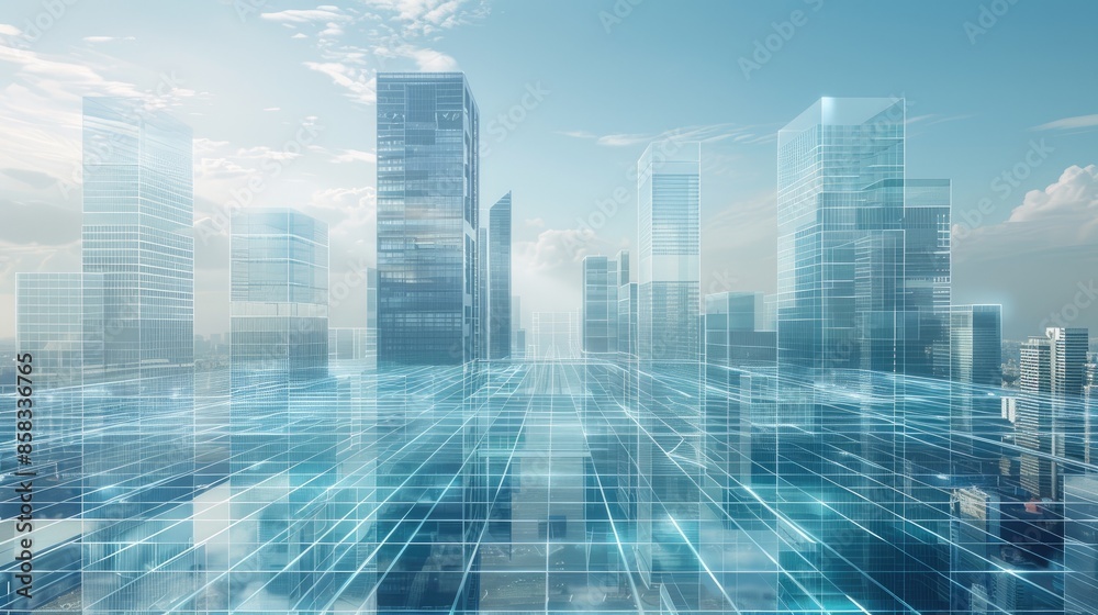 View from a building rooftop with a wireframe hologram of futuristic skyscrapers, showcasing innovative urban design. View from a building rooftop with a wireframe hologram of futuristic skyscrapers, showcasing innovative urban design.