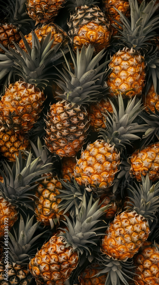 Tightly packed bright pineapples in a minimalist composition, filling the frame and showcasing their golden hues. Emphasizes their tropical freshness and irresistible sweetness, suitable as a backgrou Tightly packed bright pineapples in a minimalist composition, filling the frame and showcasing their golden hues. Emphasizes their tropical freshness and irresistible sweetness, suitable as a backgrou