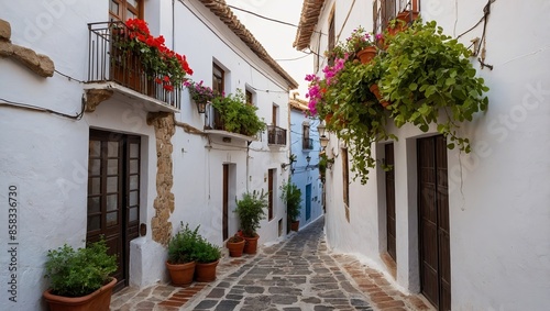 Narrow Spanish or Italian streets decorated with flowers