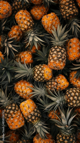 Dense cluster of bright, fresh, and juicy pineapples completely filling the frame. Highlights their golden hues and tropical freshness, making them ideal for background use.