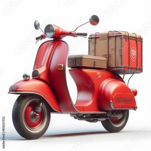 Red Retro Vintage Scooter Isolated on White Background. Modern Personal Transport. Classic Motor Scooter Side View. Electric Motorcycle with Step Through Frame. 3D illustration