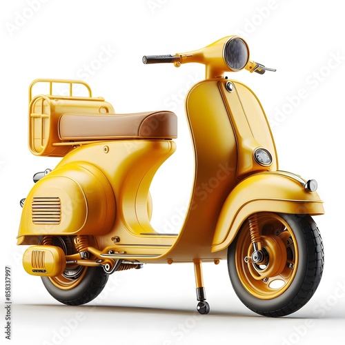 Yellow Retro Vintage Scooter Isolated on White Background. Modern Personal Transport. Classic Motor Scooter Side View. Electric Motorcycle with Step Through Frame. 3D illustration