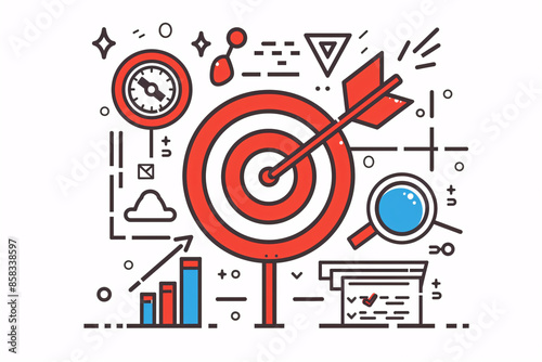 a red and blue line art of a target with an arrow