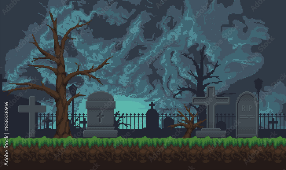Pixel art graveyard background. 2d pixel video game cemetery with ...