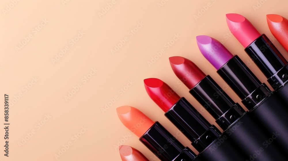 Colorful Lipsticks on Beige Background Beauty and Cosmetics Concept Colorful Lipsticks on Beige Background Beauty and Cosmetics Concept