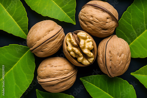 a group of walnuts with leaves around them