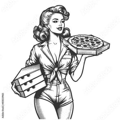 pin-up girl, confidently delivering a stack of pizza boxes with a flirty smile sketch engraving generative ai fictional character vector illustration. Scratch board imitation. Black and white image.