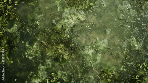 Macro texture of swamp surface with algae and murky water
