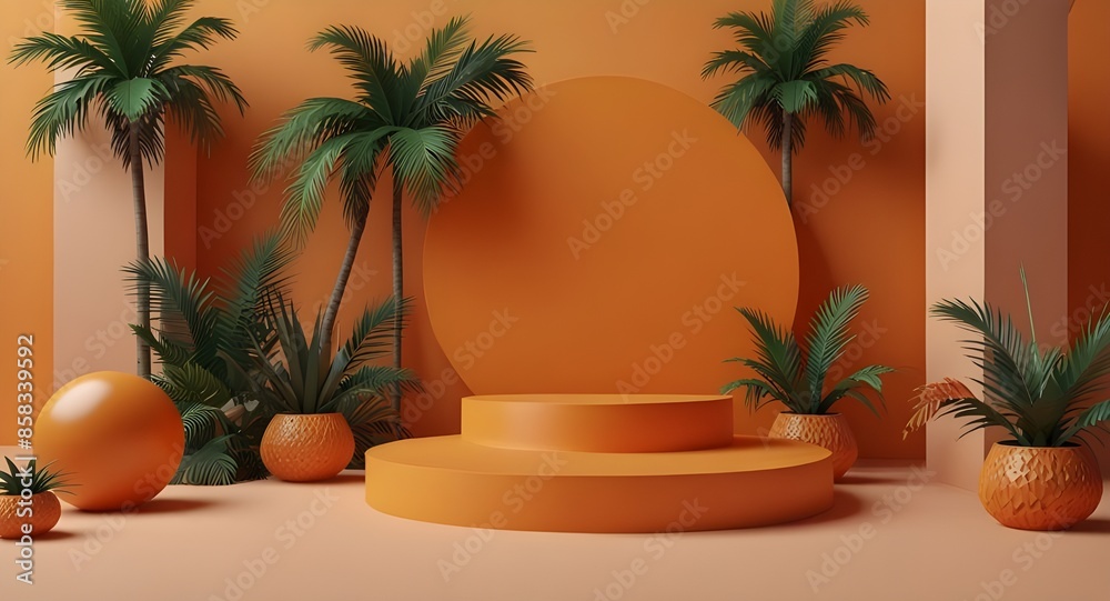 3d bright orange abstract geometric pedestal. Summer vibes podium minimal design with tropical palms. Podium background studio for cosmetic products, presentation, promotion sale 3d bright orange abstract geometric pedestal. Summer vibes podium minimal design with tropical palms. Podium background studio for cosmetic products, presentation, promotion sale