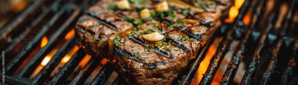 Close-up of a perfectly grilled steak on a barbecue grill, garnished with herbs, ready for a delicious meal. Close-up of a perfectly grilled steak on a barbecue grill, garnished with herbs, ready for a delicious meal.