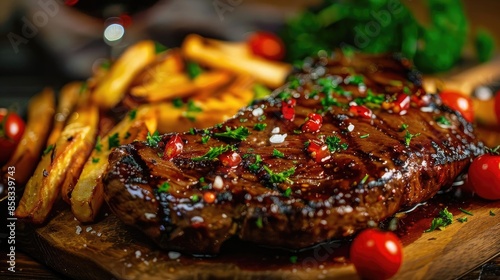 Grilled steak garnished with herbs and served with crispy fries and fresh cherry tomatoes on a wooden board.