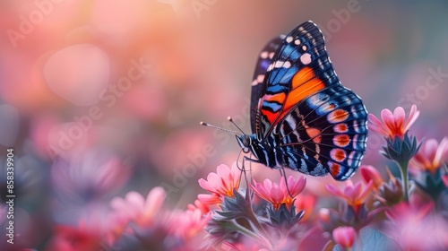 An elegant butterfly perched delicately on a vibrant flower with soft focus on the background providing generous space for text photo
