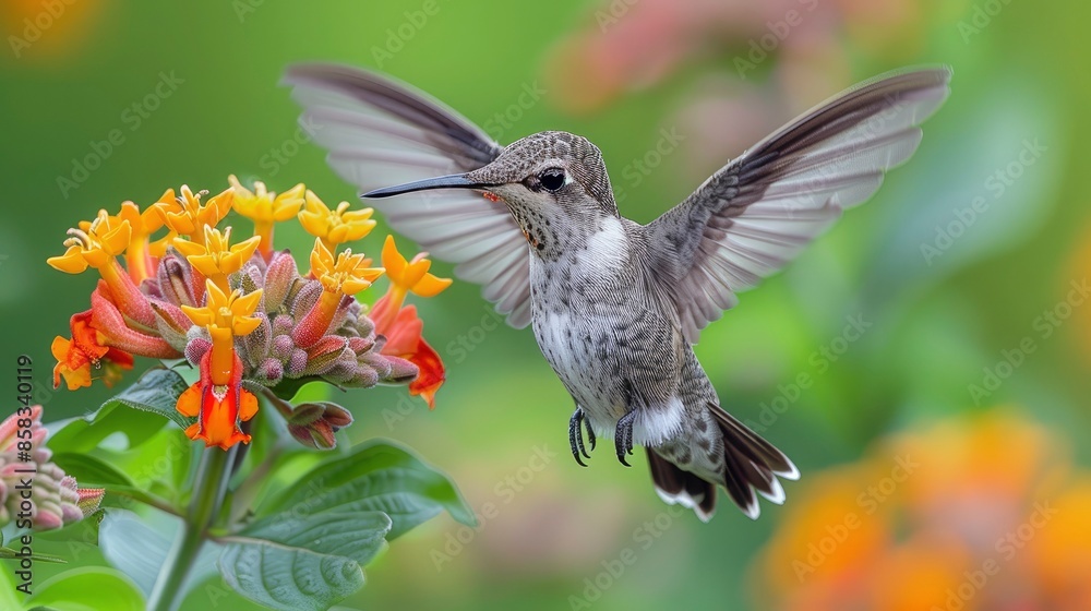 Fototapeta premium A close-up of a hummingbird in mid-flight feeding on a bright flower with a blurred green background for text space