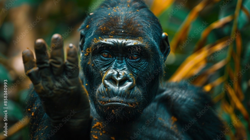 A close-up shot of a gorilla's hand and face with a blurred jungle background for copy space A close-up shot of a gorilla's hand and face with a blurred jungle background for copy space