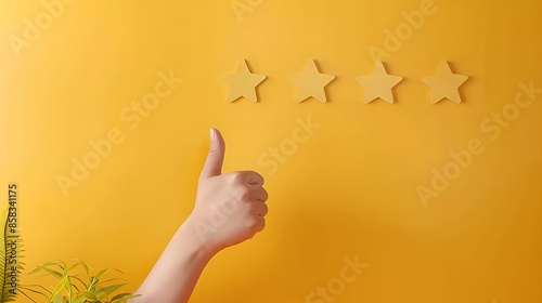 Thumbs up with four stars on yellow background