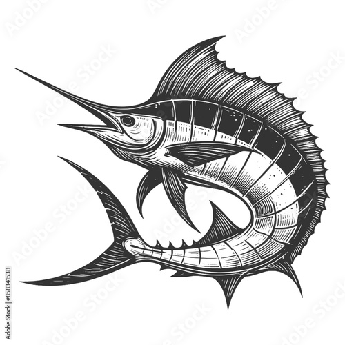 sailfish blue marlin fish sketch engraving generative ai fictional character vector illustration. Scratch board imitation. Black and white image.