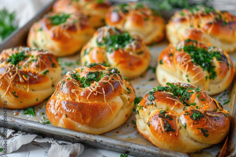 Buns with greens on baking sheet. Round bun with cheese and greens, top view. Kitchen. Buns with greens on baking sheet. Round bun with cheese and greens, top view. Kitchen.