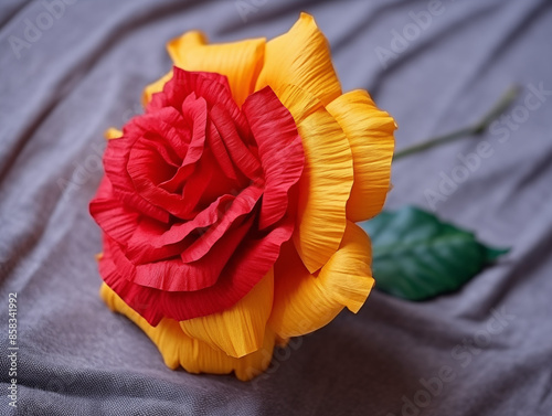 A red rose flower with yellow bub made by tissue paper isolated natural background