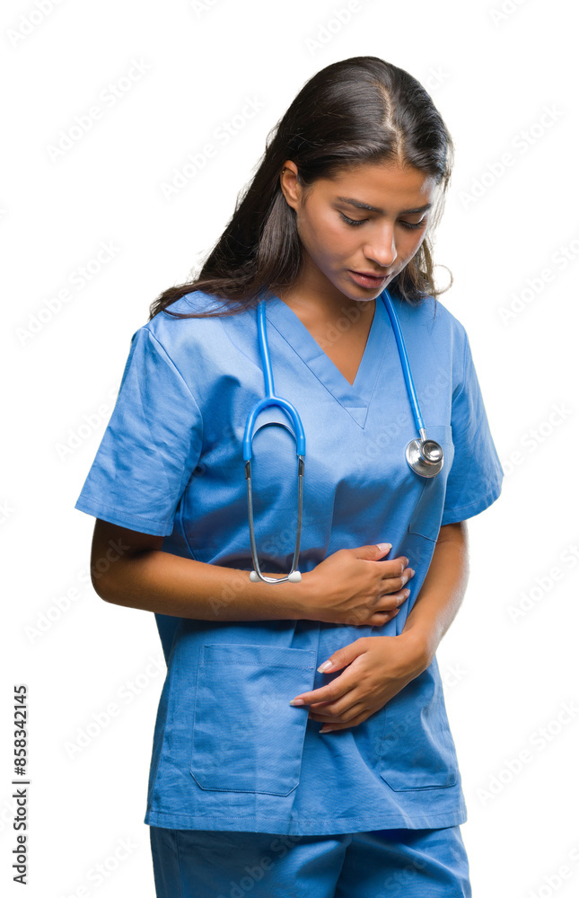 Young arab doctor surgeon woman over isolated background with hand on stomach because nausea, painful disease feeling unwell. Ache concept. Young arab doctor surgeon woman over isolated background with hand on stomach because nausea, painful disease feeling unwell. Ache concept.