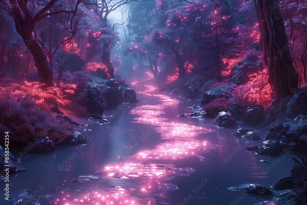 Fototapeta premium Ethereal Stream Flowing Through A Mystical Forest At Night