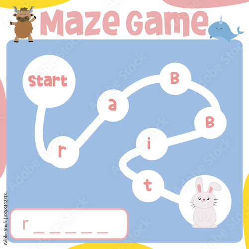 Maze game worksheet. Worksheet for learning English. Educational activity for children. Printable activity page for kids. Simple educational printable worksheet. 
