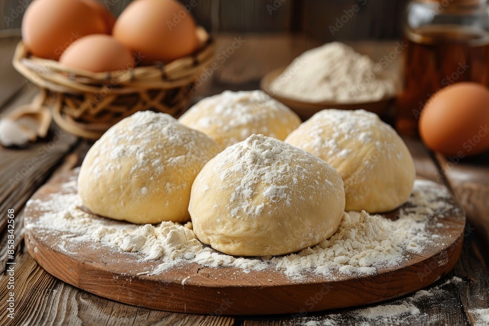 Dough on a wooden table sprinkled with flour. Raw dough on wooden background. chicken eggs Preparation for baking bread Dough on a wooden table sprinkled with flour. Raw dough on wooden background. chicken eggs Preparation for baking bread