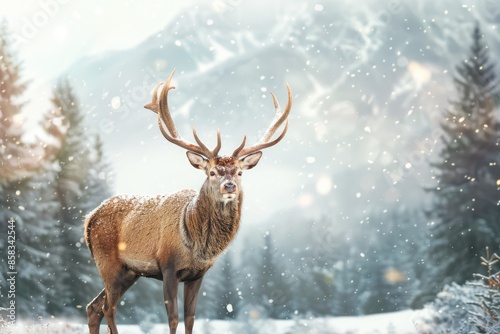 Deer in Winter Forest, Snow, Deer in beautiful winter landscape, noble deer male in winter snow