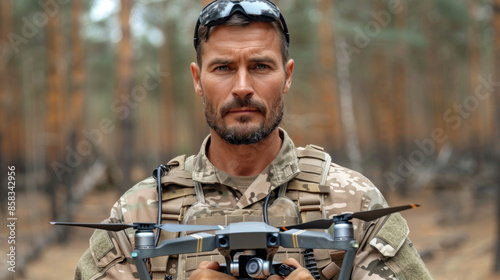 portrait of a confident Caucasian military drone operator looking at the camera while in a forest or rural area during a military conflict photo