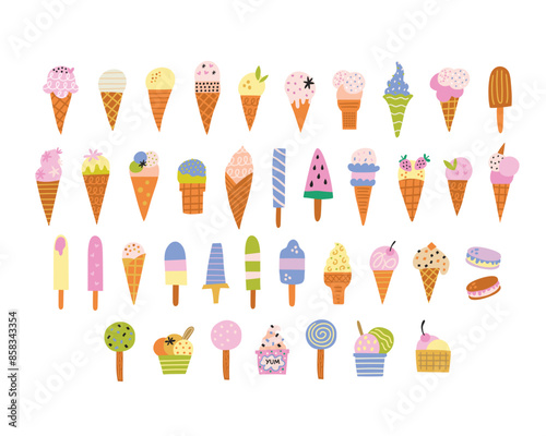 Collection of cute vector hand drawn cartoon ice creams. Cones and ice creams with different flavours made in doodle style.