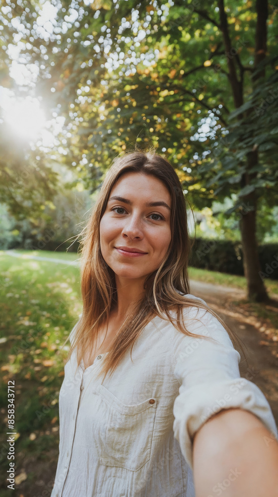 Natural Looking Woman Taking a Mobile Photo Selfie in a Sunlit Park with Casual Clothes, Relaxed Expression and Pose, Surrounded by Greenery and Trees Natural Looking Woman Taking a Mobile Photo Selfie in a Sunlit Park with Casual Clothes, Relaxed Expression and Pose, Surrounded by Greenery and Trees