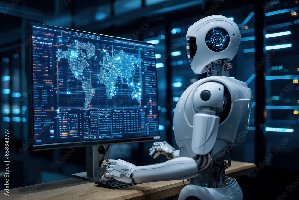 Roboter mit künstlicher Intelligenz, der einen Monitorbildschirm steuert Roboter mit künstlicher Intelligenz, der einen Monitorbildschirm steuert