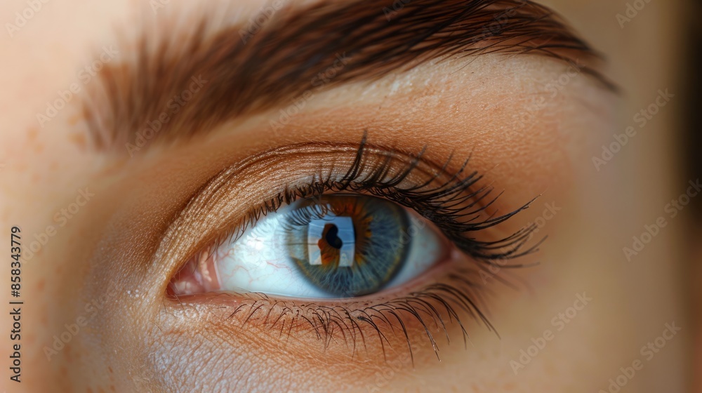 Obraz premium This image shows a close-up view of a woman eye. The woman is wearing makeup, including mascara, eyeliner, and eyeshadow
