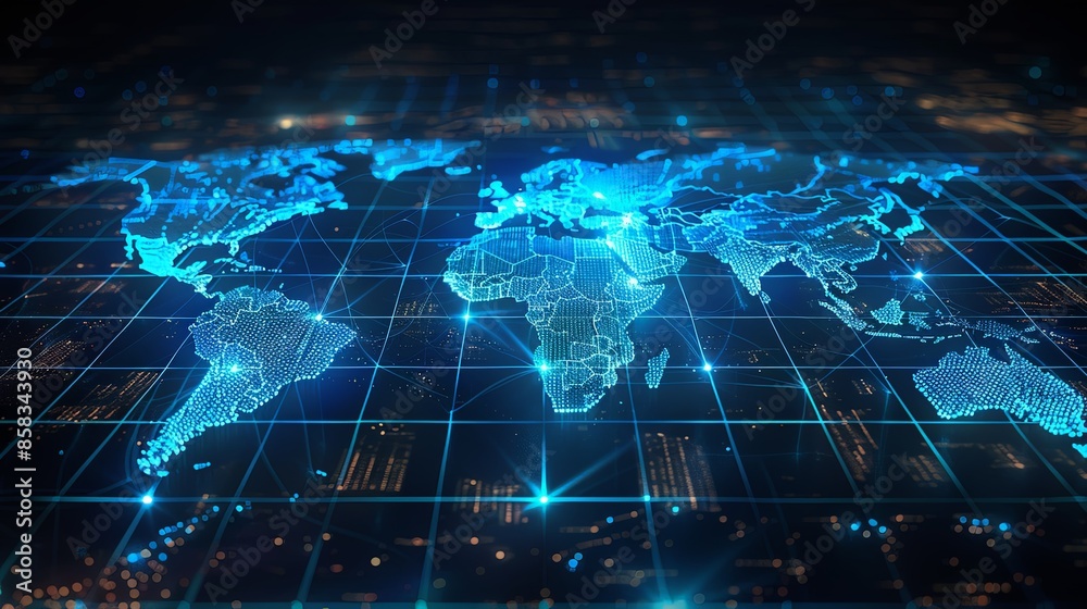 A digitally rendered world map displaying a bright blue grid pattern that emphasizes global connectivity and technological advancement in a modern context. A digitally rendered world map displaying a bright blue grid pattern that emphasizes global connectivity and technological advancement in a modern context.