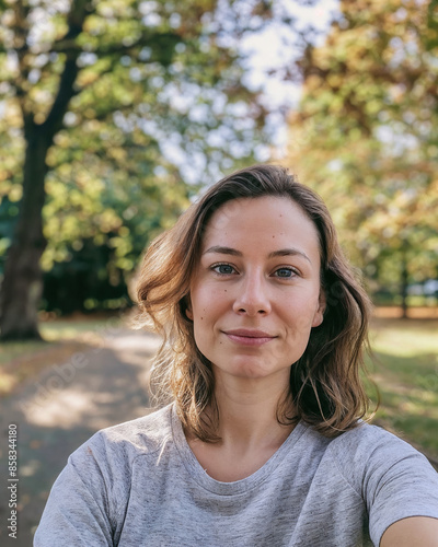Natural Looking 30 Year Old Woman Taking a Mobile Photo Selfie Outdoors with Casual Clothes, Relaxed Expression and Pose, Surrounded by Trees in Sunlit Park