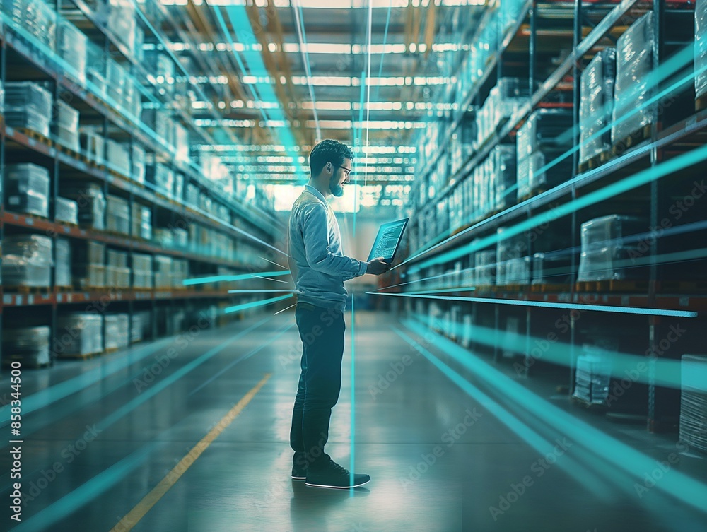 Fototapeta premium Futuristic Concept background. Data Center Chief Technology Officer Using Laptop, Standing In Warehouse