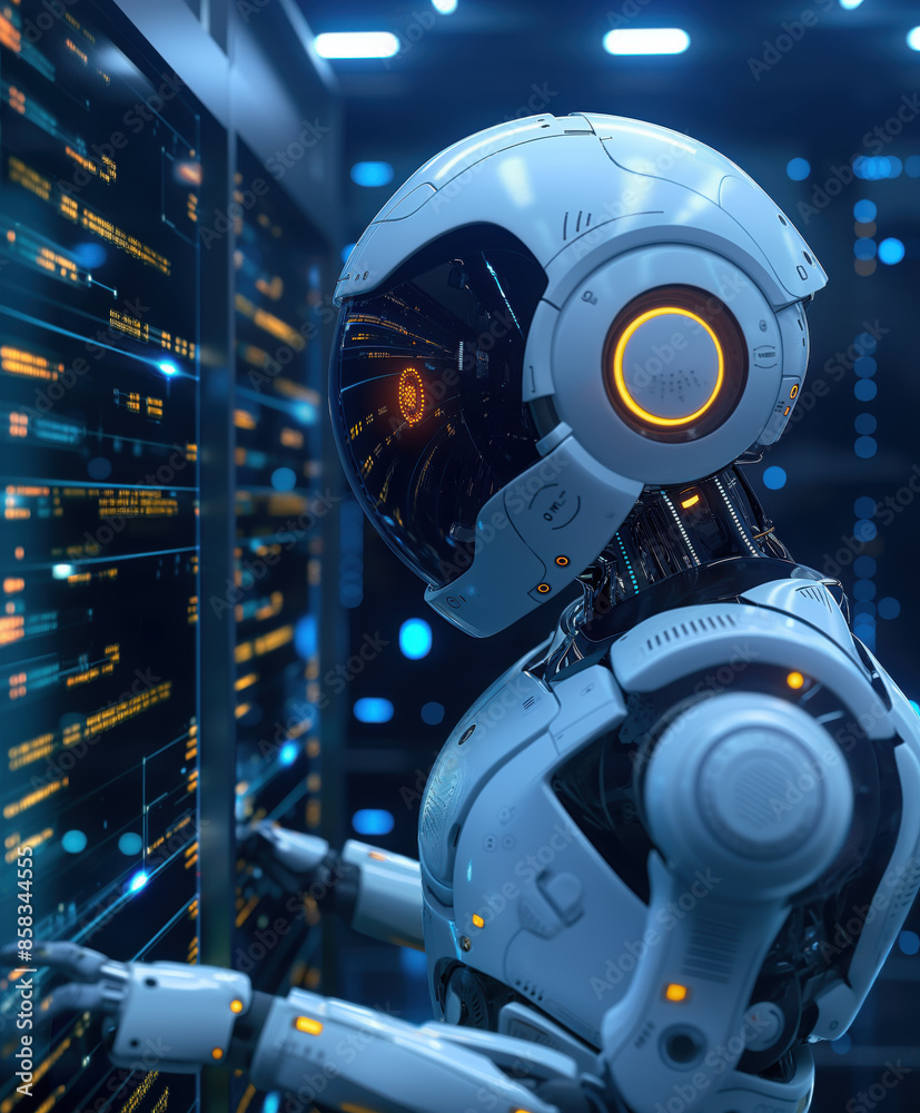 Fototapeta premium Roboter mit künstlicher Intelligenz, der einen Monitorbildschirm steuert