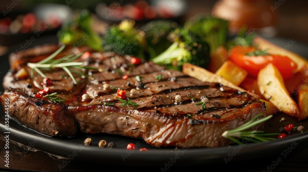 Grilled steak with vegetables on a plate, garnished with rosemary and peppercorns. A delicious, wholesome meal perfect for dinner. Grilled steak with vegetables on a plate, garnished with rosemary and peppercorns. A delicious, wholesome meal perfect for dinner.