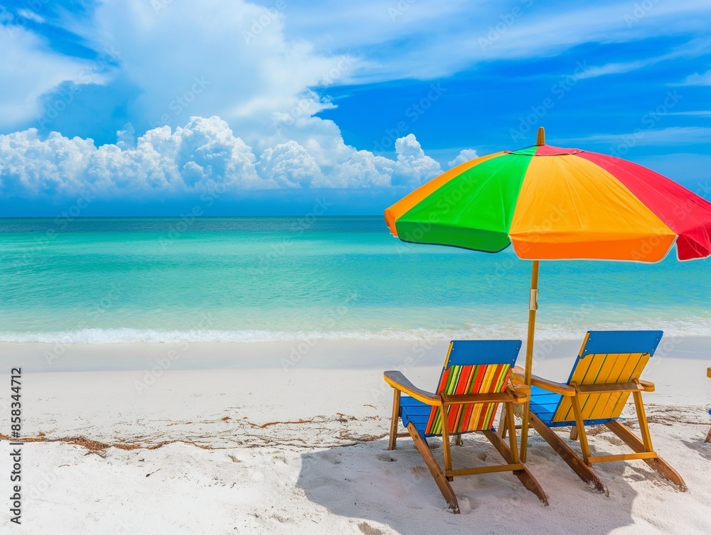Deckchairs With Parasol In Tropical Beach With Sunny Sand And Ocean Deckchairs With Parasol In Tropical Beach With Sunny Sand And Ocean