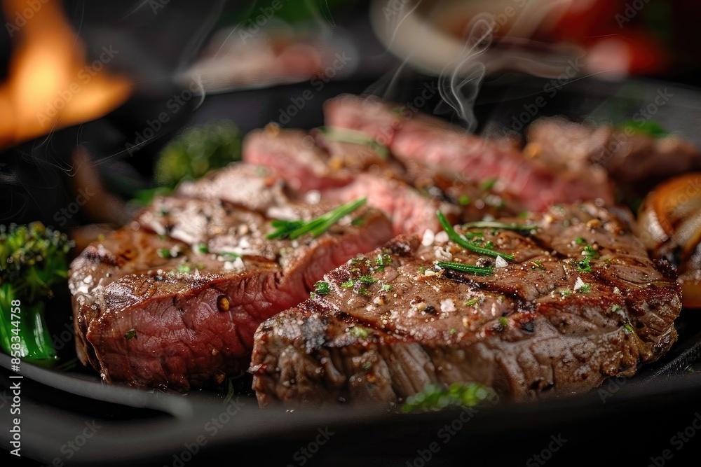 Close-up of a sizzling, juicy steak on a hot grill with vibrant vegetables and herbs, perfect for a gourmet dining experience.