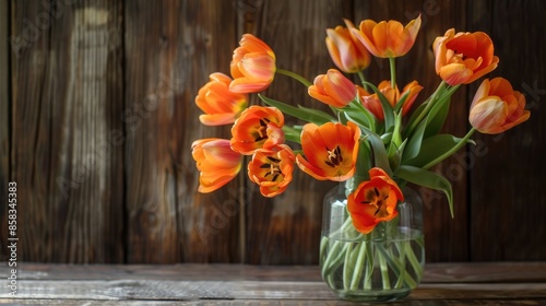 Orange tulips in glass vase on wooden background