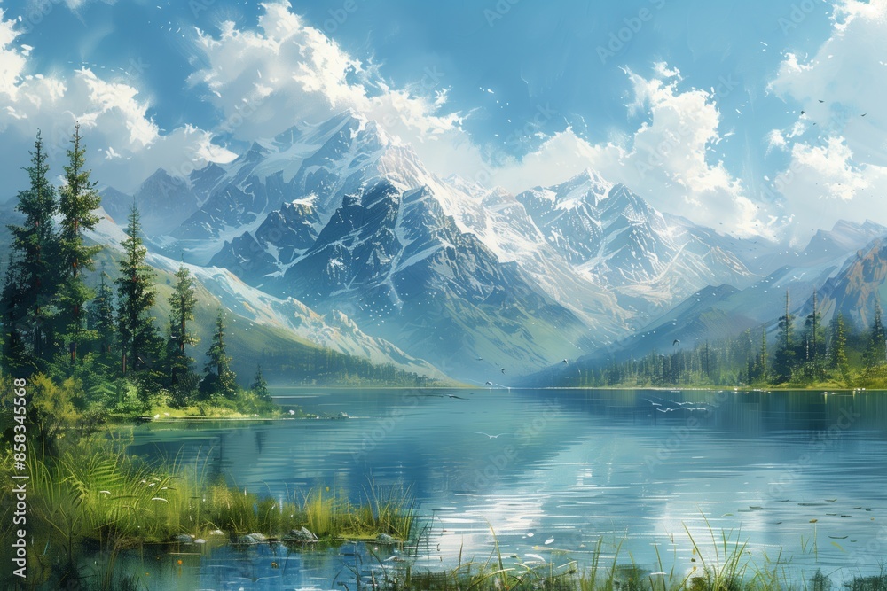 Tranquil Mountain Lake Scene With Snow-Capped Peaks Under a Blue Sky Tranquil Mountain Lake Scene With Snow-Capped Peaks Under a Blue Sky