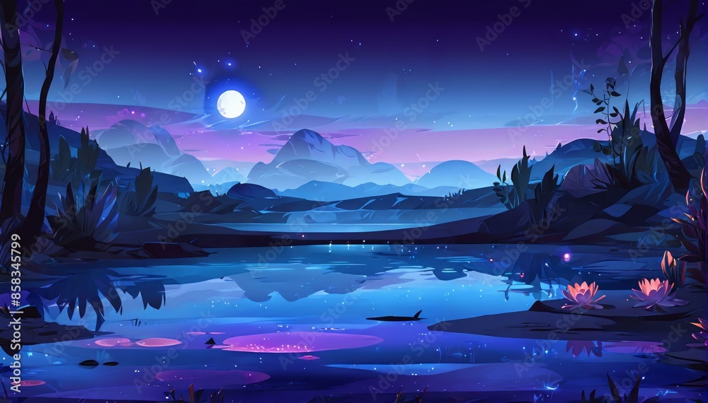 Enchanted Night at Mystical Lake Vector Art Background Illustration Enchanted Night at Mystical Lake Vector Art Background Illustration
