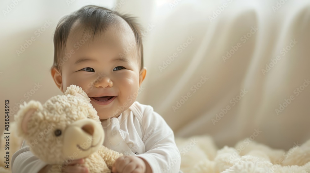 Playful Asian baby interacting with a soft toy on a plain, light background with room for copy Playful Asian baby interacting with a soft toy on a plain, light background with room for copy